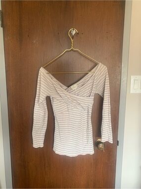 Anthropologie Cream & Light Gray Striped Off-Shoulder Long Sleeve Top